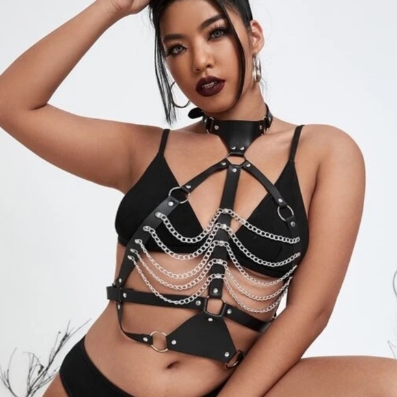 PU Leather Chain Choker Harness Plus Size - Picture 3 of 5